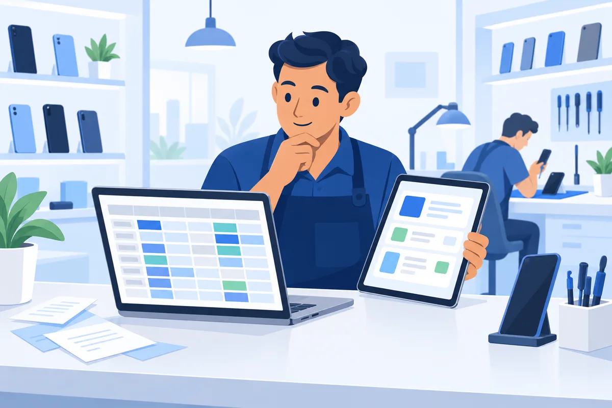 เจ้าของร้านซ่อมมือถือเทียบตาราง Excel บนโน้ตบุ๊กกับแอปจัดการร้านบนแท็บเล็ต