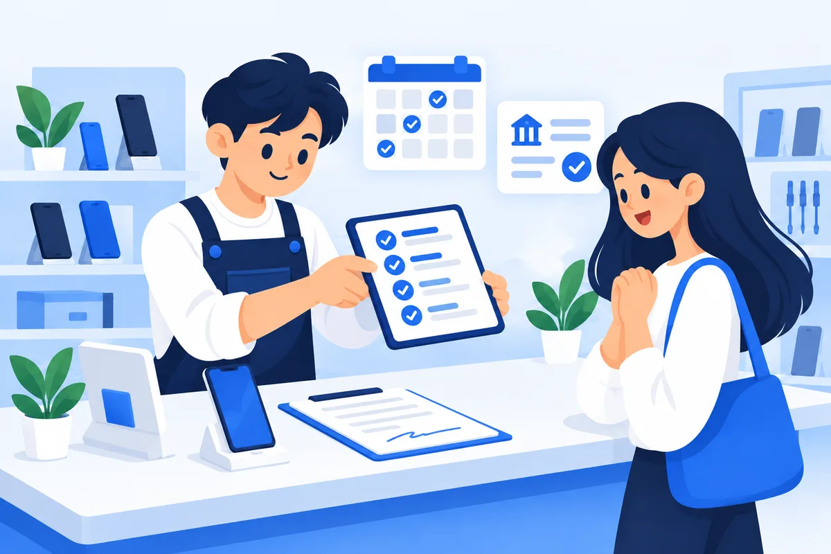 เจ้าของร้านมือถืออธิบายตารางผ่อนชำระให้ลูกค้าดูบนแท็บเล็ต พร้อมเครื่องใหม่และสัญญาวางบนเคาน์เตอร์