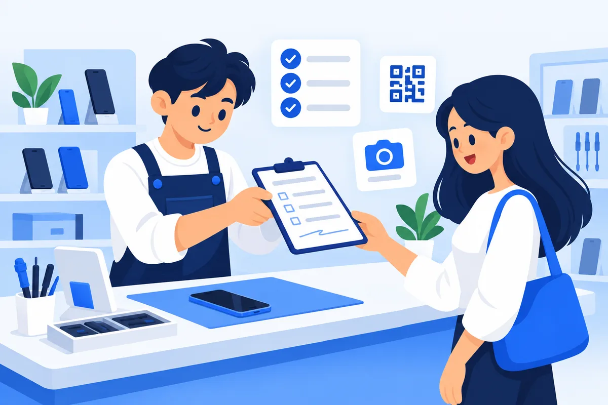 ช่างร้านซ่อมมือถือยื่นใบรับซ่อมให้ลูกค้าเซ็น พร้อมเครื่องที่รับซ่อมวางบนเคาน์เตอร์